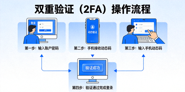 双重验证（2FA）操作流程示意图：输入密码后需验证手机动态码