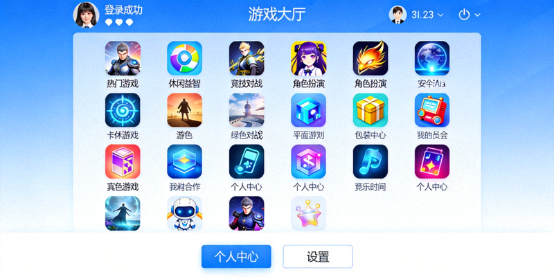 登录成功后显示的游戏大厅界面，展示多种游戏分类图标