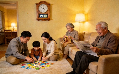 时钟与家人陪伴的图片，象征合理安排时间与健康娱乐