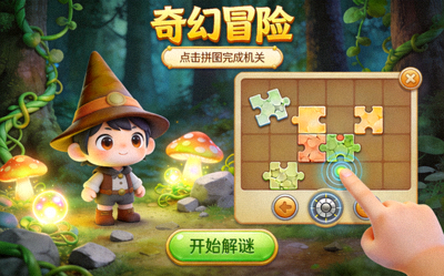 移动端益智冒险类游戏截图，展示精美的卡通画面与触控解谜界面